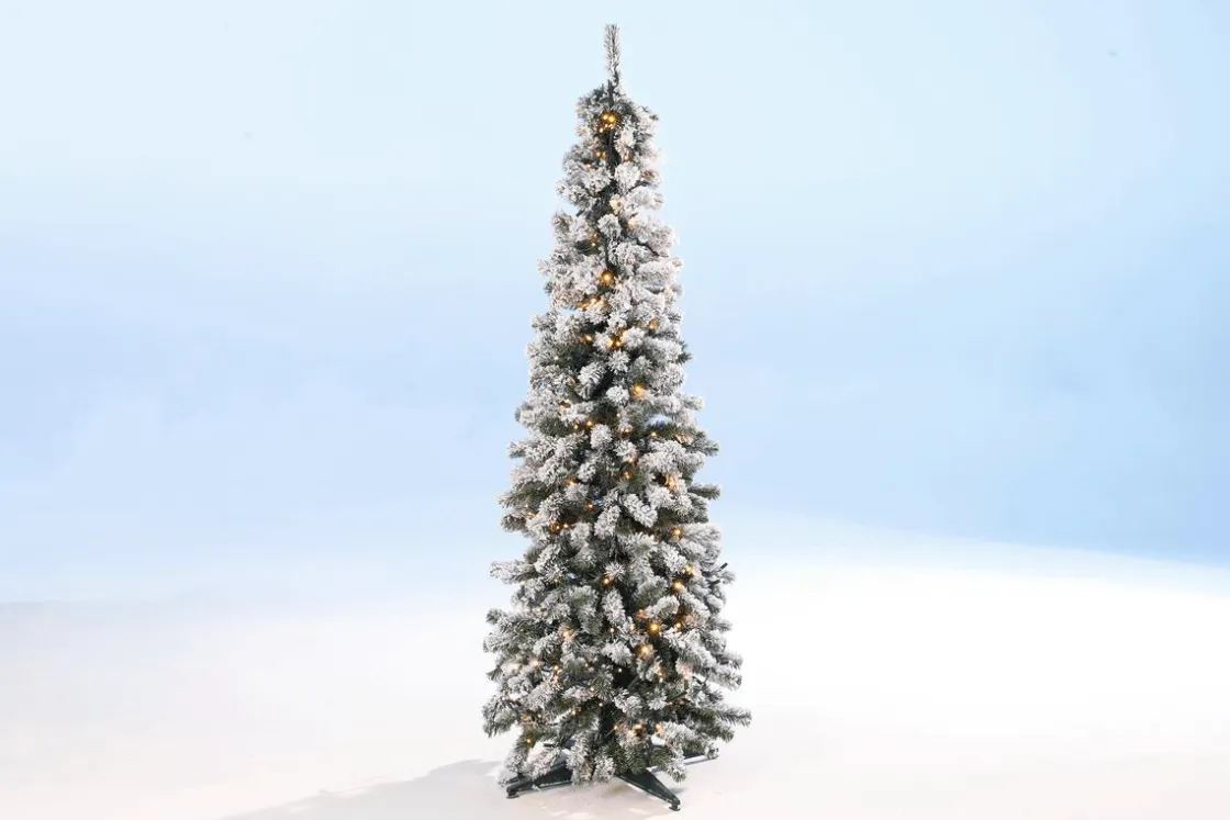 DecoWoerner Árboles De Navidad Artificiales>Abeto Artificial, Estrecho, Cubierto De Nieve Con LED 240 Cm