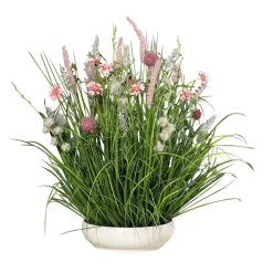 DecoWoerner Decoración De Primavera|Hierba Decorativa>Arreglo Floral Artificial Pradera En Tazón Blanco 58 Cm