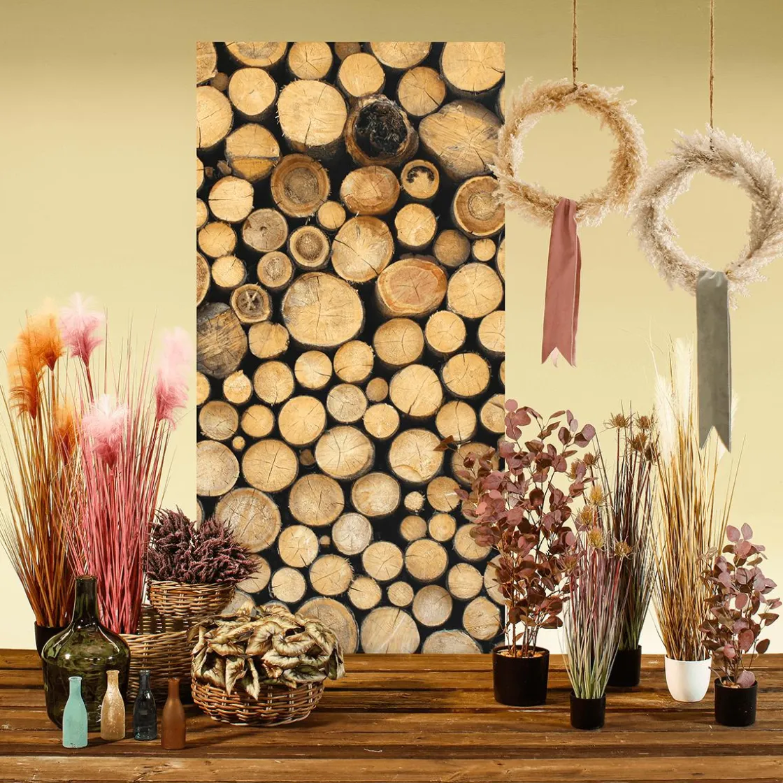 DecoWoerner Decoración Natural|Decoración De Invierno>Bandera De Tela Ignífuga "Pila De Madera" De Tela De Bandera 100 X 200 Cm