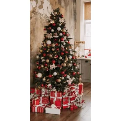 DecoWoerner Pancartas De Navidad E Invierno|Bandera De Navidad>Bandera De Tela Ignífuga "Árbol De Navidad Con Regalos Rojos Y Blancos" De Tela De Bandera 100 X 200 Cm