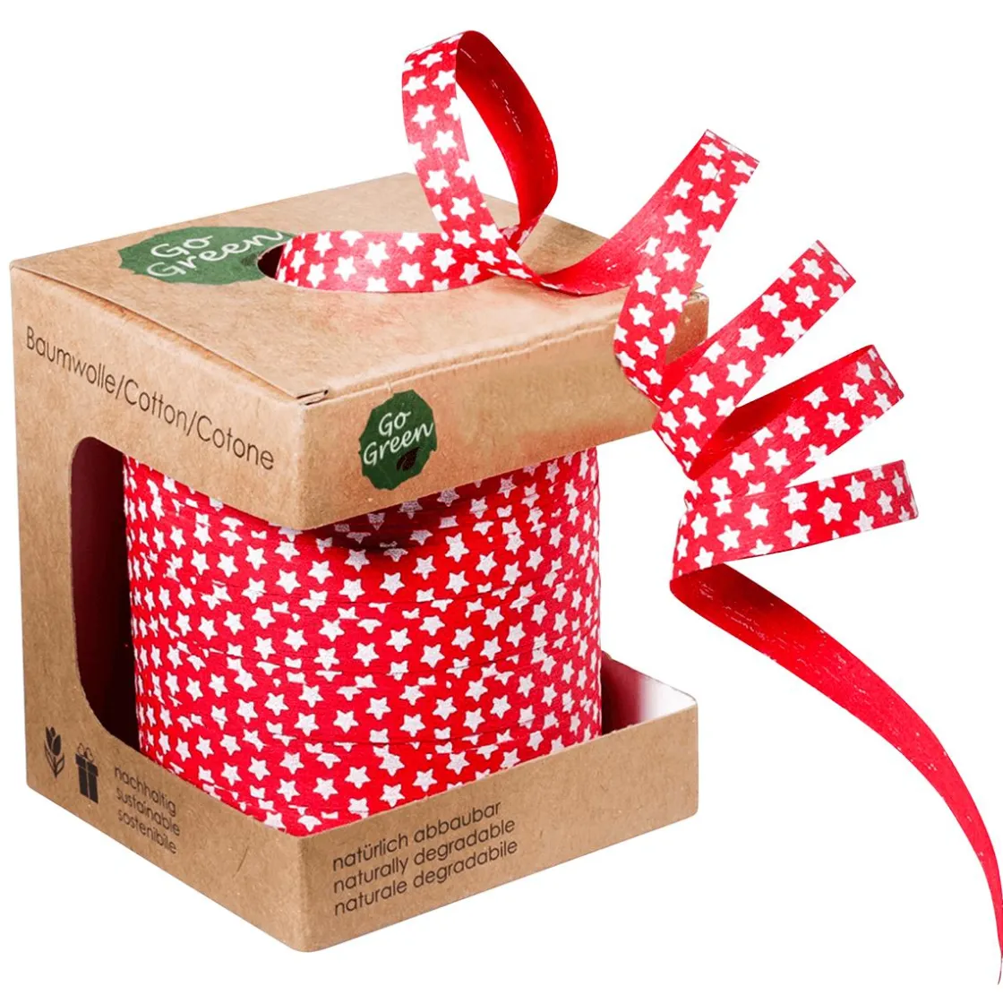 DecoWoerner Cintas De Regalo|Go Green - Envoltorio Para Regalo Ecológico>Cinta Ecológica De Rayas Con Estampado De Estrellas 10 Mm 100 M