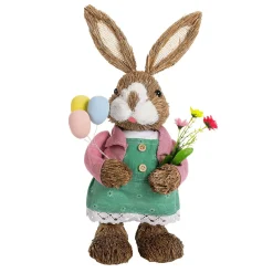 DecoWoerner Decoración De Pascua>Conejito De Pascua De Sisal Vestido Con Huevos De Pascua Y Flores Artificiales 17 X 14 X 37 Cm