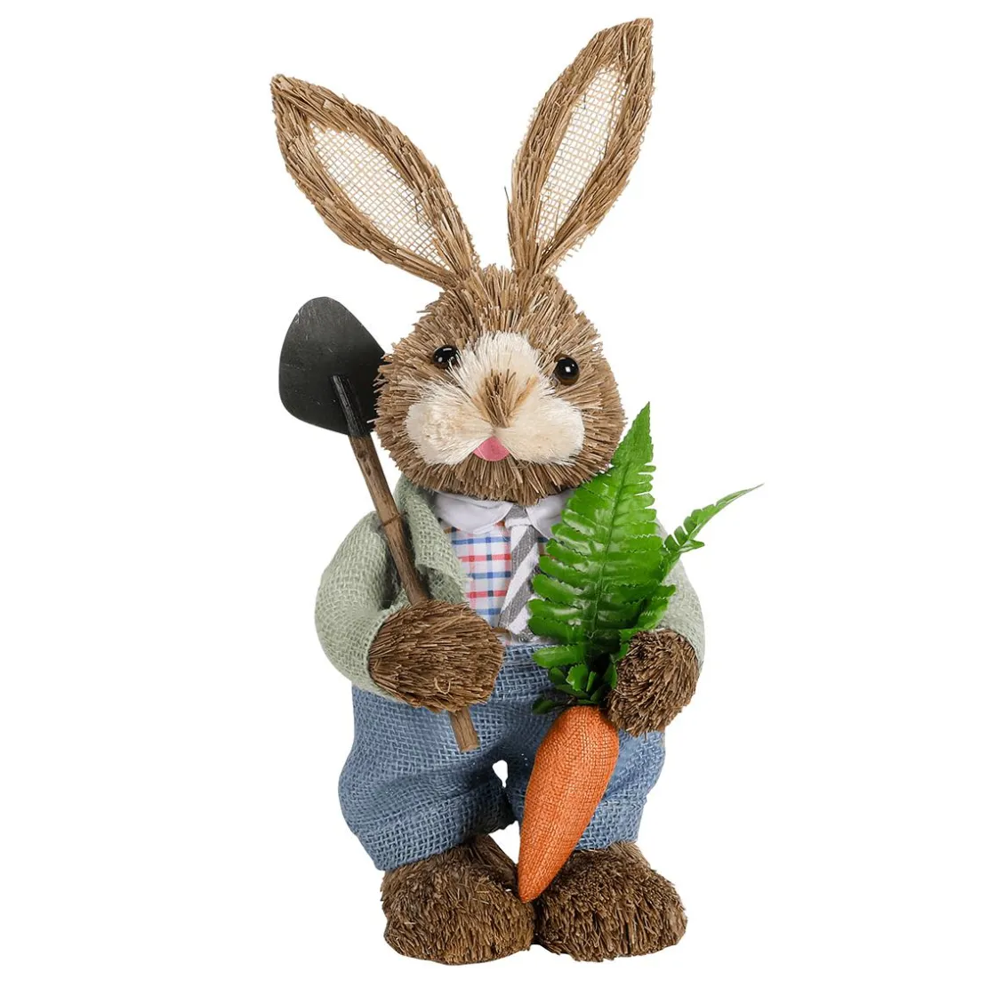 DecoWoerner Decoración De Pascua>Conejo De Pascua De Sisal Vestido Con Zanahoria Y Pala 37 Cm