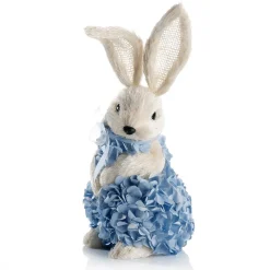 DecoWoerner Decoración De Animales|Decoración De Pascua>Conejo De Pascua Decorativo De Espuma Dura Y Sisal Con Vestido De Hortensias 30 Cm