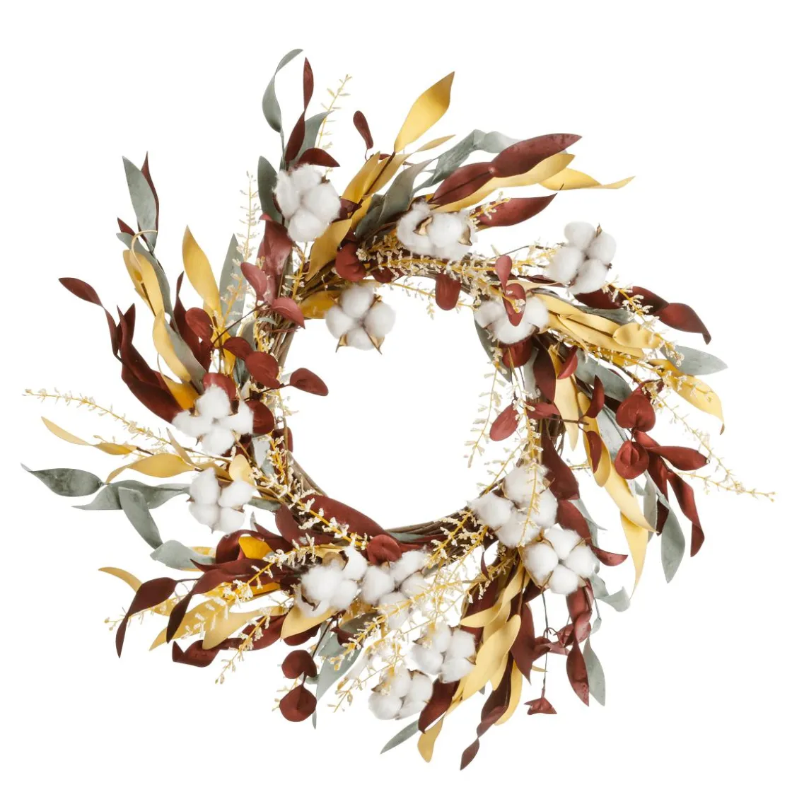 DecoWoerner Decoración De Otoño|Ramos Y Coronas De Flores>Corona Decorativa De Otoño "Mezcla De Algodón, Flores Y Hierba" Ø 56 Cm