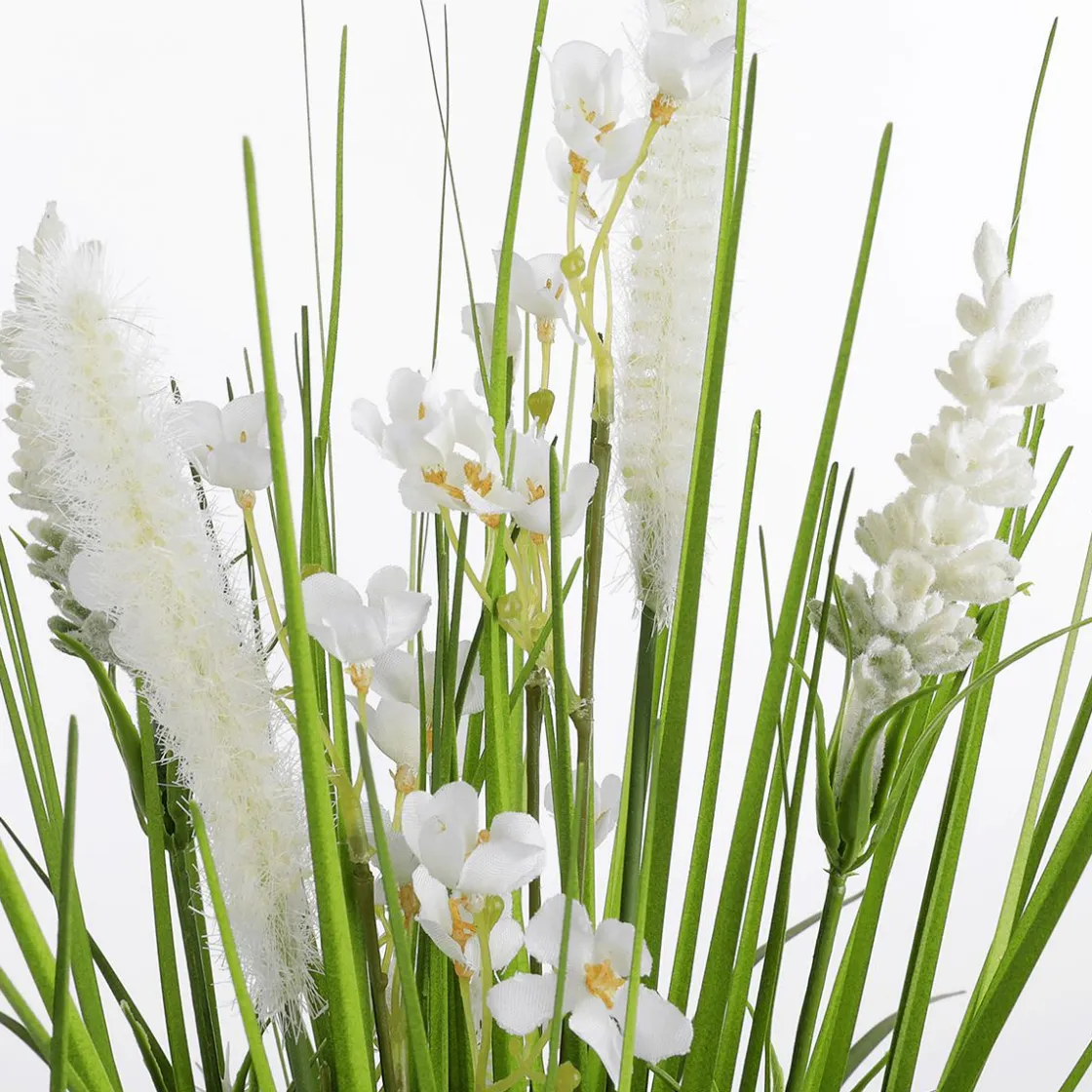 DecoWoerner Decoración De Primavera|Hierba Decorativa>Césped Artificial Decorativo Con Flores Blancas 48 Cm