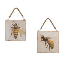 DecoWoerner Decoración De Verano|Decoración De Primavera>Cuadros Murales De Madera Letreros De Madera Con Motivo De Abeja 2 Piezas 19 X 19 X 1,7 Cm