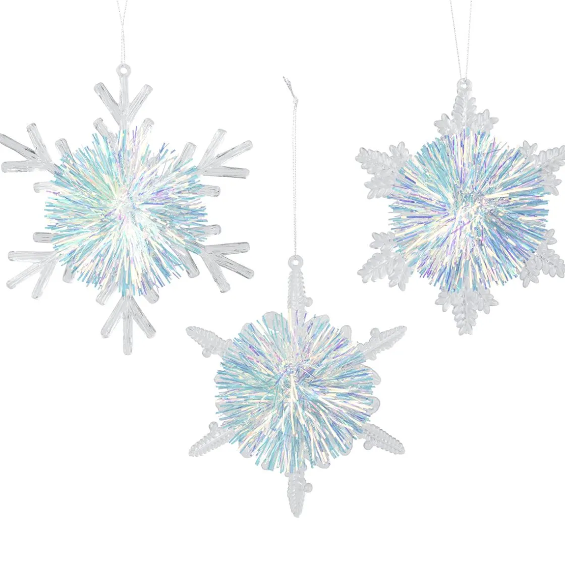 DecoWoerner Decoración De Invierno|Figuras De Navidad>Juego De 3 Colgantes Copo De Nieve Iridiscente, 10 CmØ