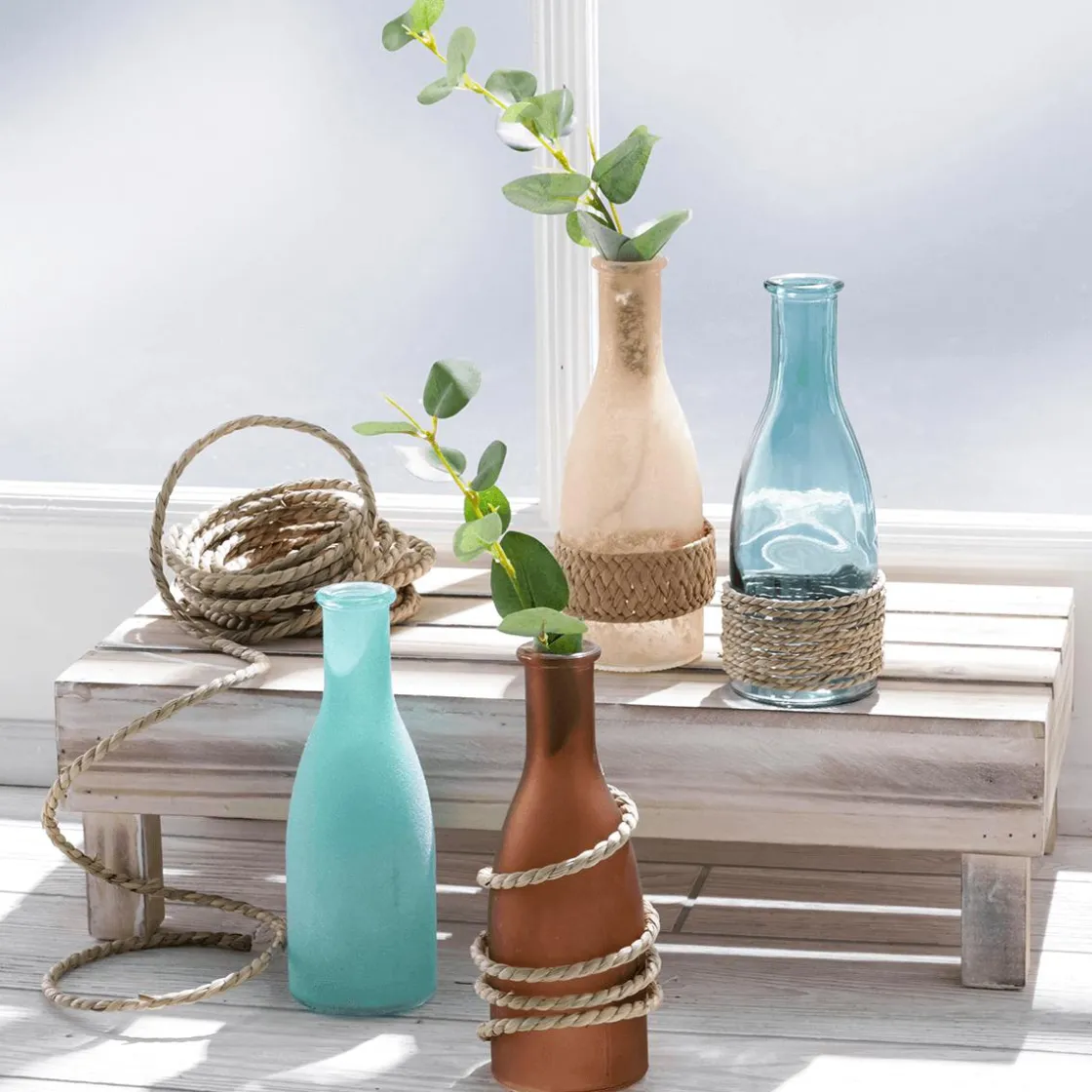 DecoWoerner Decoración De Verano|Macetas Y Artículos De Decoración>Juego De Jarrones De Vidrio De 18 Cm De Alto, 4 Piezas, Azul/beige