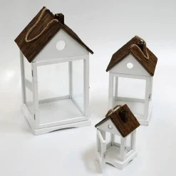 DecoWoerner Decoración Natural>Linterna Casas De Madera Set 3 Piezas Marrón
