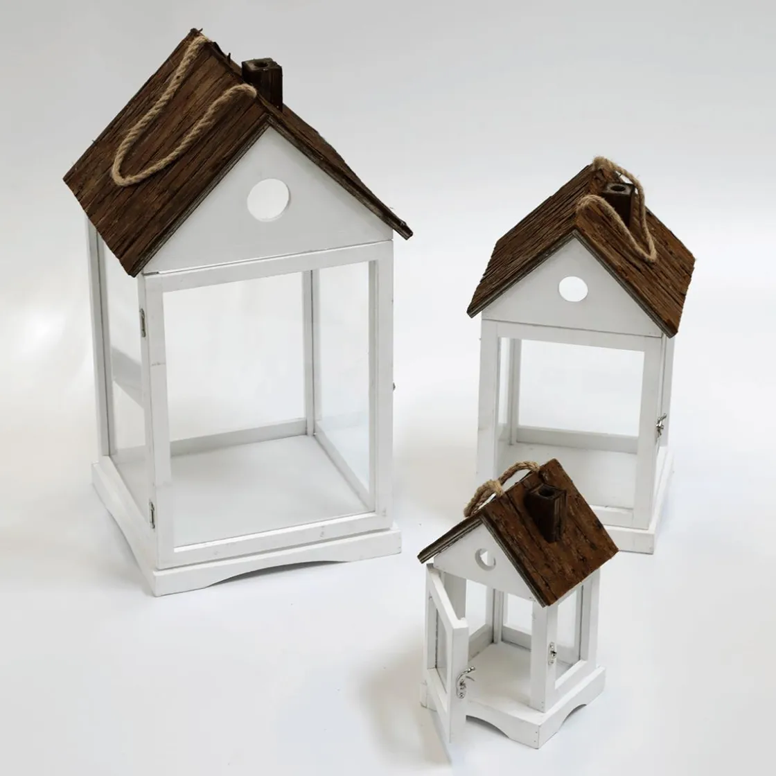 DecoWoerner Decoración Natural>Linterna Casas De Madera Set 3 Piezas Marrón