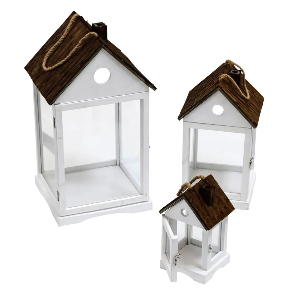 DecoWoerner Decoración Natural>Linterna Casas De Madera Set 3 Piezas Marrón