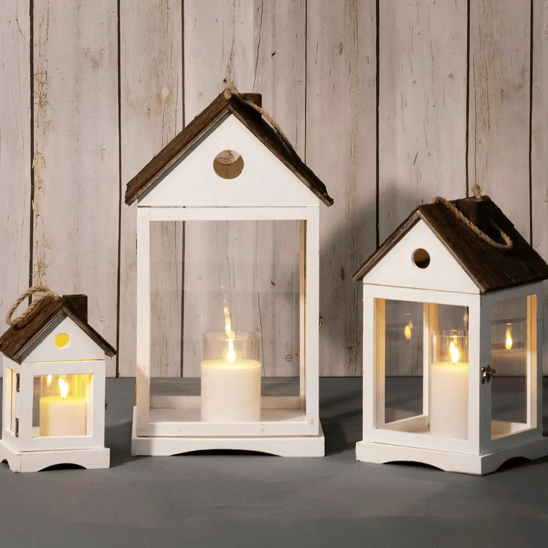 DecoWoerner Decoración Natural>Linterna Casas De Madera Set 3 Piezas Marrón