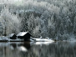 DecoWoerner Bandera Xxl|Decoración De Invierno>Lona XXL "Cabaña Nevada Junto Al Lago" De Lona De Camión Ignífuga 250 X 330 Cm
