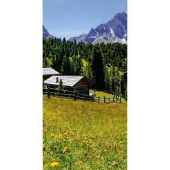 DecoWoerner Decoración De Otoño|Decoración De Verano>Pancarta De Tela Ignífuga "Pasto De Montaña Con Cabaña" De Tela De Bandera 100 X 200 Cm