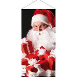 DecoWoerner Pancartas De Navidad E Invierno>Pancarta De Tela Ignífuga "Papá Noel Con Regalos s Y Blancos" De Tela De Bandera 100 X 200 Cm