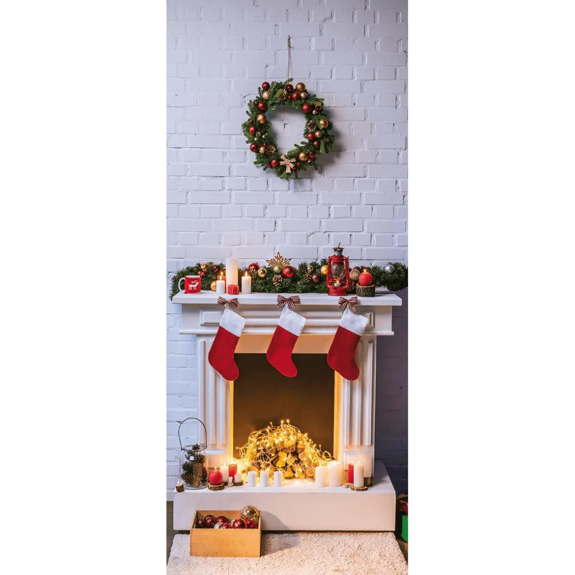 DecoWoerner Pancartas De Navidad E Invierno|Bandera De Navidad>Pancarta De Tela Ignífuga "Chimenea Y Corona De Navidad" De Tela De Bandera 75 X 180 Cm