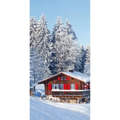 DecoWoerner Decoración De Invierno|Pancartas De Navidad E Invierno>Pancarta De Tela Ignífuga "Cabaña De Esquí Con Persianas Rojas" De Tela De Bandera 100 X 200 Cm