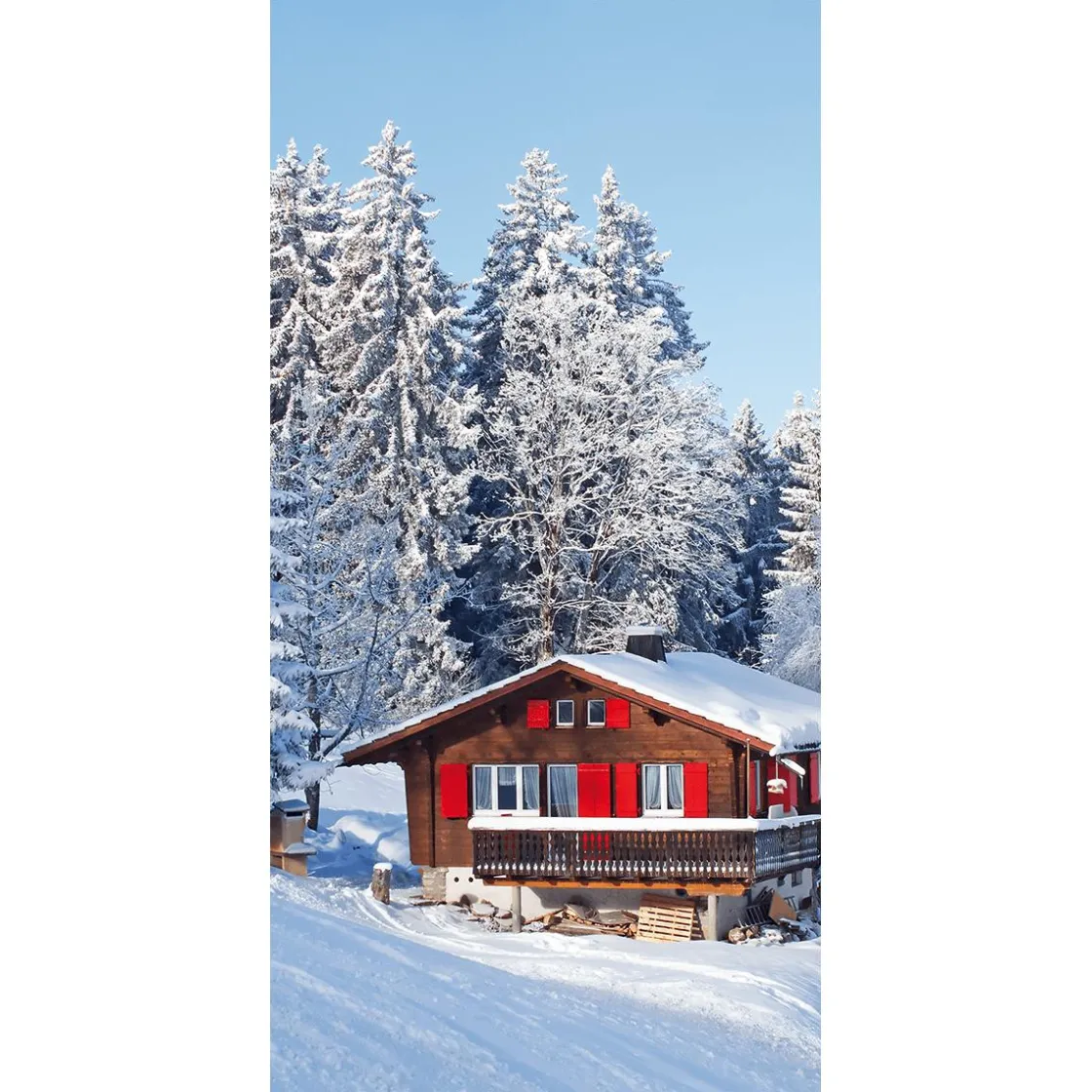 DecoWoerner Decoración De Invierno|Pancartas De Navidad E Invierno>Pancarta De Tela Ignífuga "Cabaña De Esquí Con Persianas Rojas" De Tela De Bandera 100 X 200 Cm