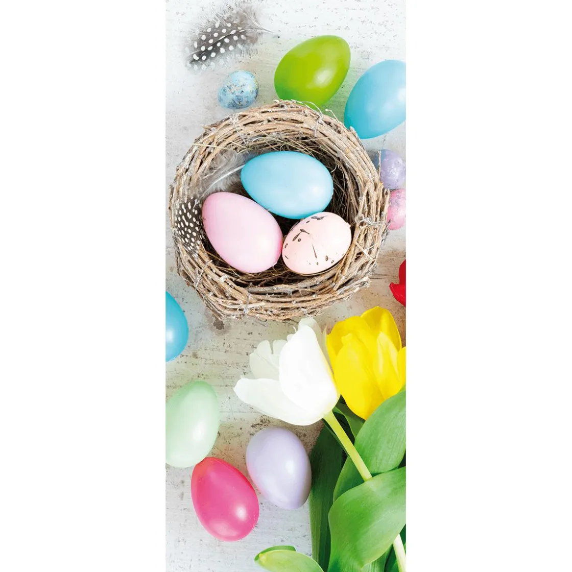 DecoWoerner Decoración De Pascua|Pancartas De Primavera>Pancarta De Tela Ignífuga Huevos De Pascua De Colores Y Tulipanes Tela De Bandera 75 X 180 Cm