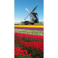 DecoWoerner Pancartas De Primavera>Pancarta De Tela Ignífuga "Molino De Viento En El Campo De Tulipanes" De Tela De Bandera 100 X 200 Cm