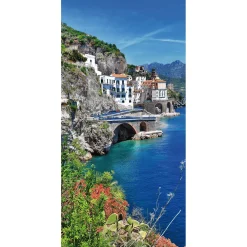DecoWoerner Decoración De Verano|Pancartas De Verano>Pancarta De Tela Ignífuga "Costa De Amalfi En El Mediterráneo Italiano" De Tela De Bandera 100 X 200 Cm