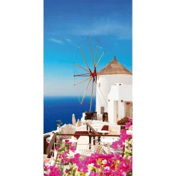 DecoWoerner Decoración De Verano|Pancartas De Verano>Pancarta De Tela Ignífuga "Molinos De Viento En El Mar Griego" De Tela De Bandera 100 X 200 Cm