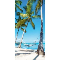 DecoWoerner Decoración De Verano|Pancartas De Verano>Pancarta De Tela Ignífuga "Hamaca Bajo Las Palmeras En Una Playa De Ensueño" De Tela De Bandera 100 X 200 Cm