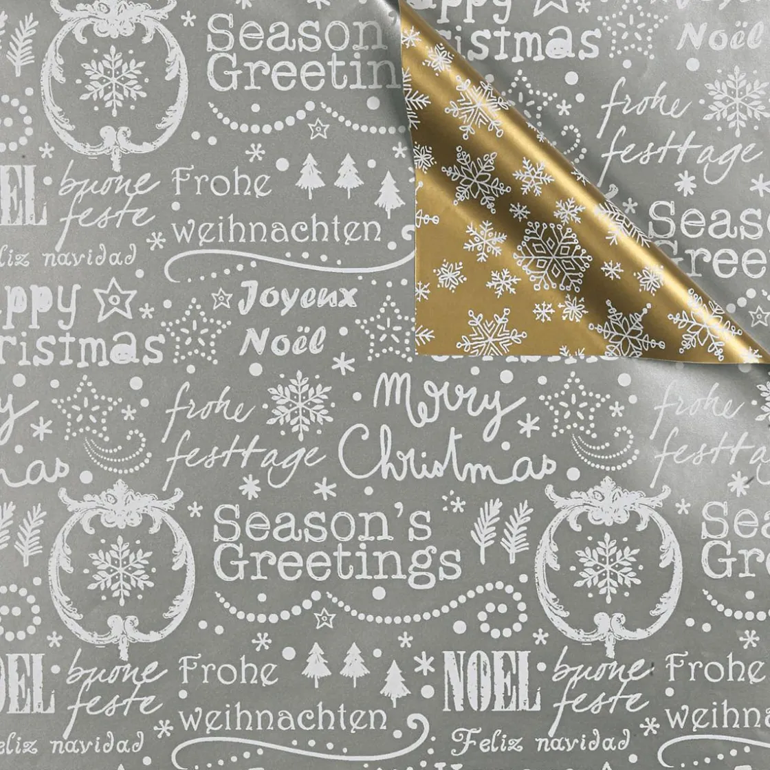 DecoWoerner Papel De Regalo>Papel De Regalo De Doble Cara Dorado Y Plateado Con Símbolos Navideños - Rollo De Papel De Regalo De 50 M