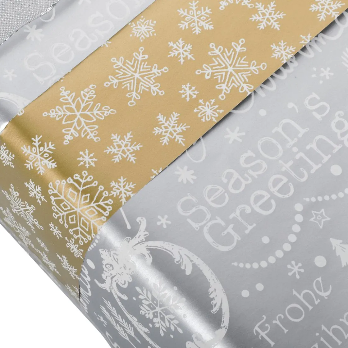 DecoWoerner Papel De Regalo>Papel De Regalo De Doble Cara Dorado Y Plateado Con Símbolos Navideños - Rollo De Papel De Regalo De 50 M