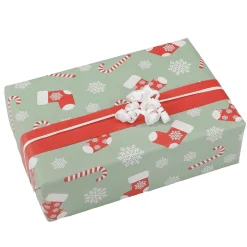 DecoWoerner Papel De Regalo>Papel De Regalo De Doble Cara Bastones De Caramelo Y Calcetines, Menta / Rojo