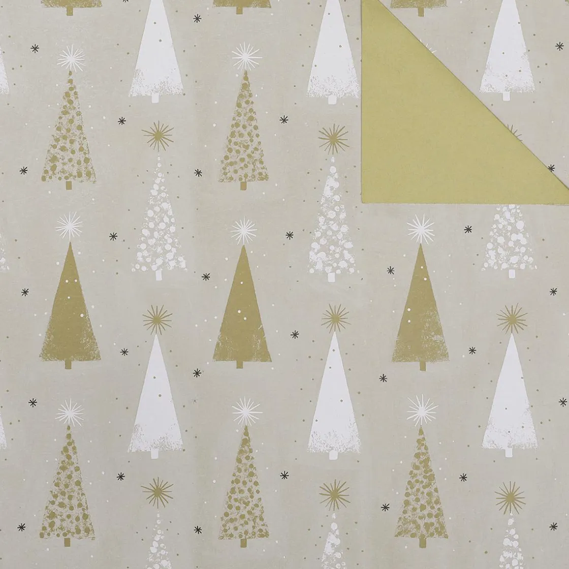 DecoWoerner Papel De Regalo>Papel De Regalo Doble Cara Árboles De Navidad Dorado / Crema