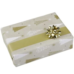 DecoWoerner Papel De Regalo>Papel De Regalo Doble Cara Árboles De Navidad Dorado / Crema