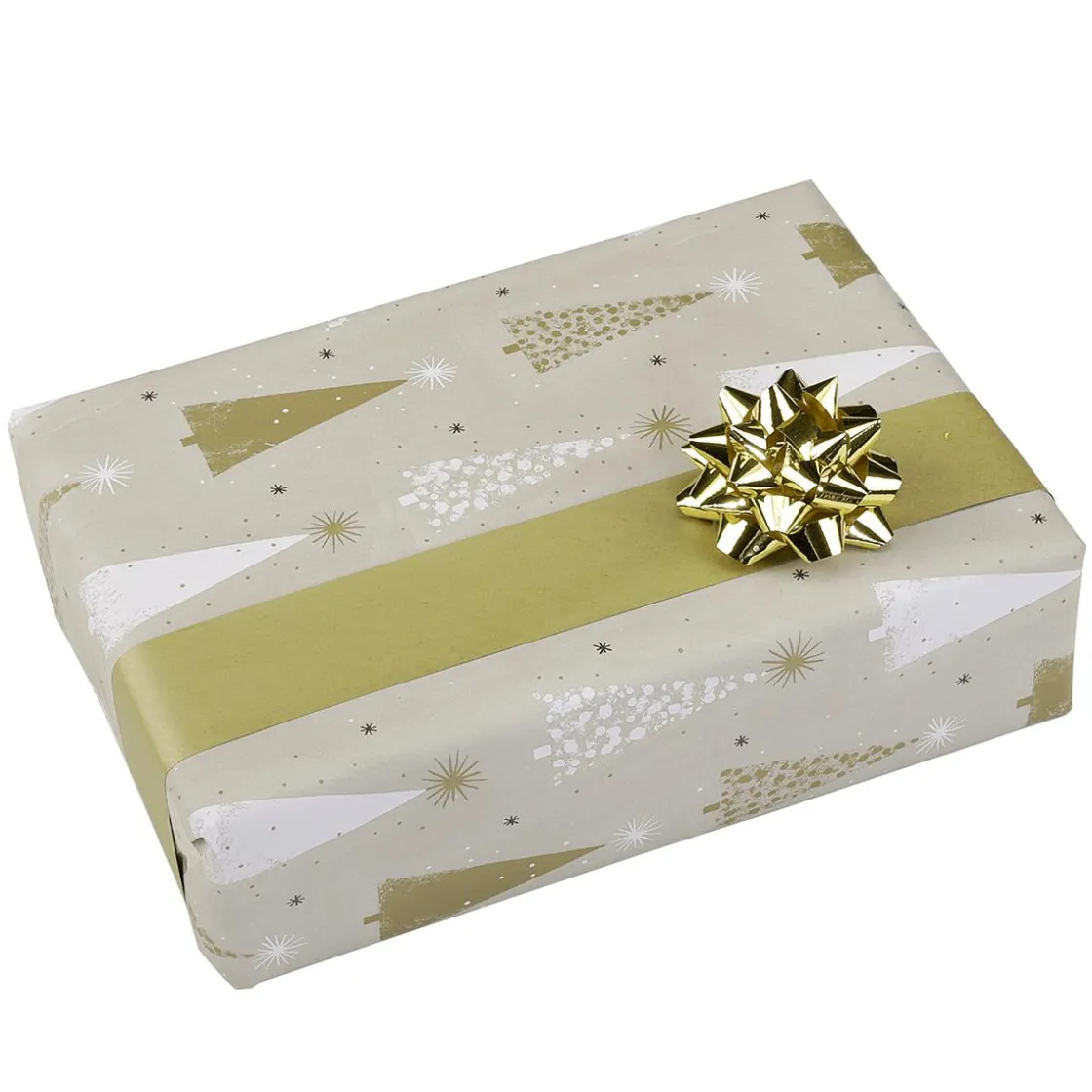 DecoWoerner Papel De Regalo>Papel De Regalo Doble Cara Árboles De Navidad Dorado / Crema