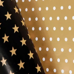 DecoWoerner Papel De Regalo>Papel De Regalo Navideño De Doble Cara Con Estrellas Y Puntos Negros Y Dorados - Rollo De Papel De Regalo De 50 M