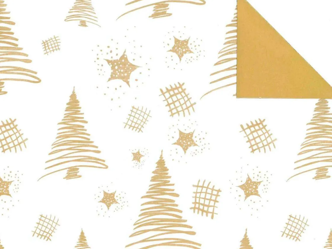 DecoWoerner Papel De Regalo|Go Green - Envoltorio Para Regalo Ecológico>Papel De Regalo Navideño Sostenible De Doble Cara Con Abetos Y Estrellas En Dorado - Bobina De Papel De Regalo De 50 M