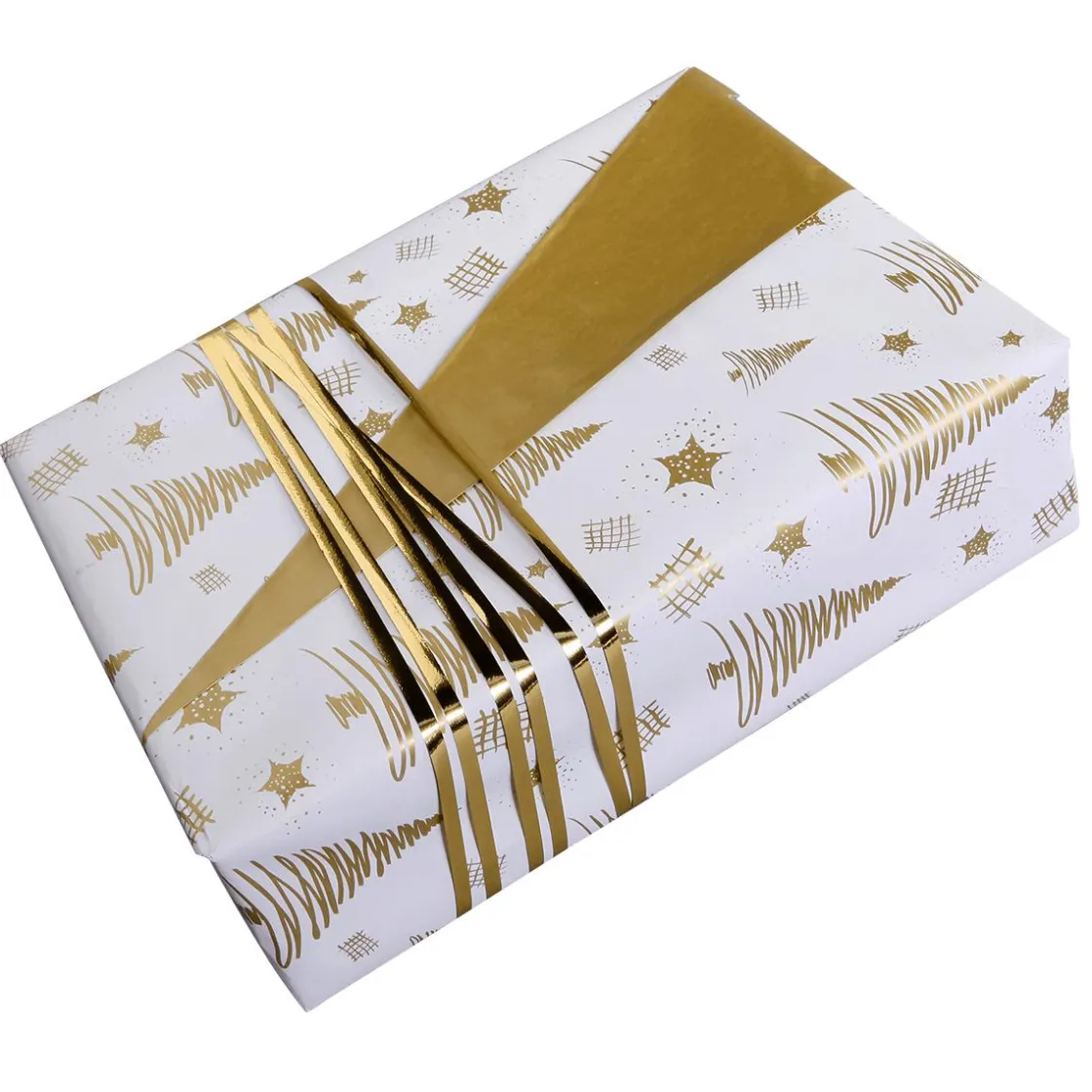 DecoWoerner Papel De Regalo|Go Green - Envoltorio Para Regalo Ecológico>Papel De Regalo Navideño Sostenible De Doble Cara Con Abetos Y Estrellas En Dorado - Bobina De Papel De Regalo De 50 M