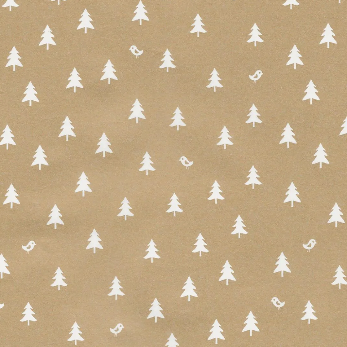 DecoWoerner Papel De Regalo|Go Green - Envoltorio Para Regalo Ecológico>Papel De Regalo Navideño Sostenible Y Dorado Con Abetos Blancos - Bobina De Papel De Regalo De 50 M