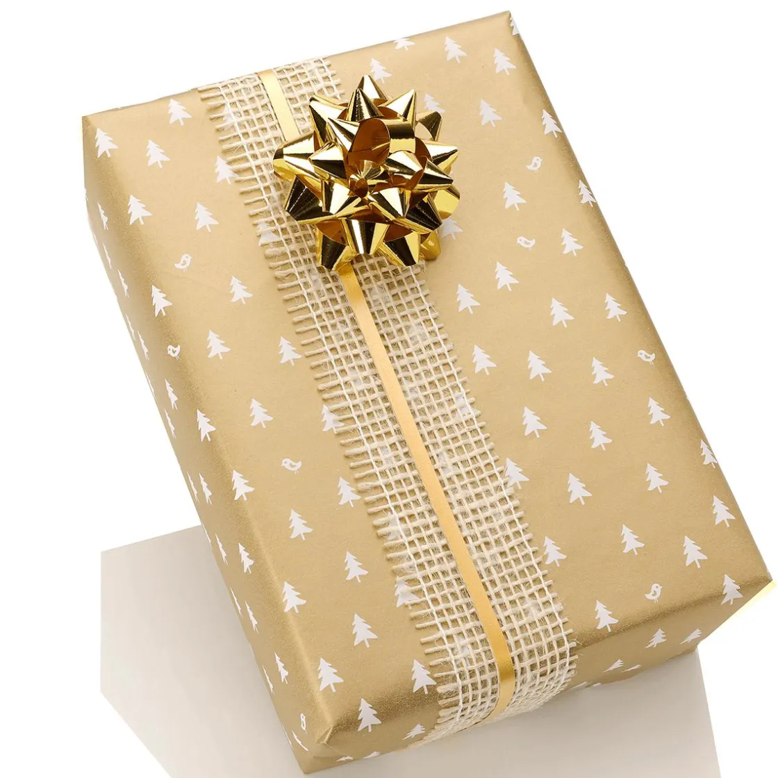 DecoWoerner Papel De Regalo|Go Green - Envoltorio Para Regalo Ecológico>Papel De Regalo Navideño Sostenible Y Dorado Con Abetos Blancos - Bobina De Papel De Regalo De 50 M