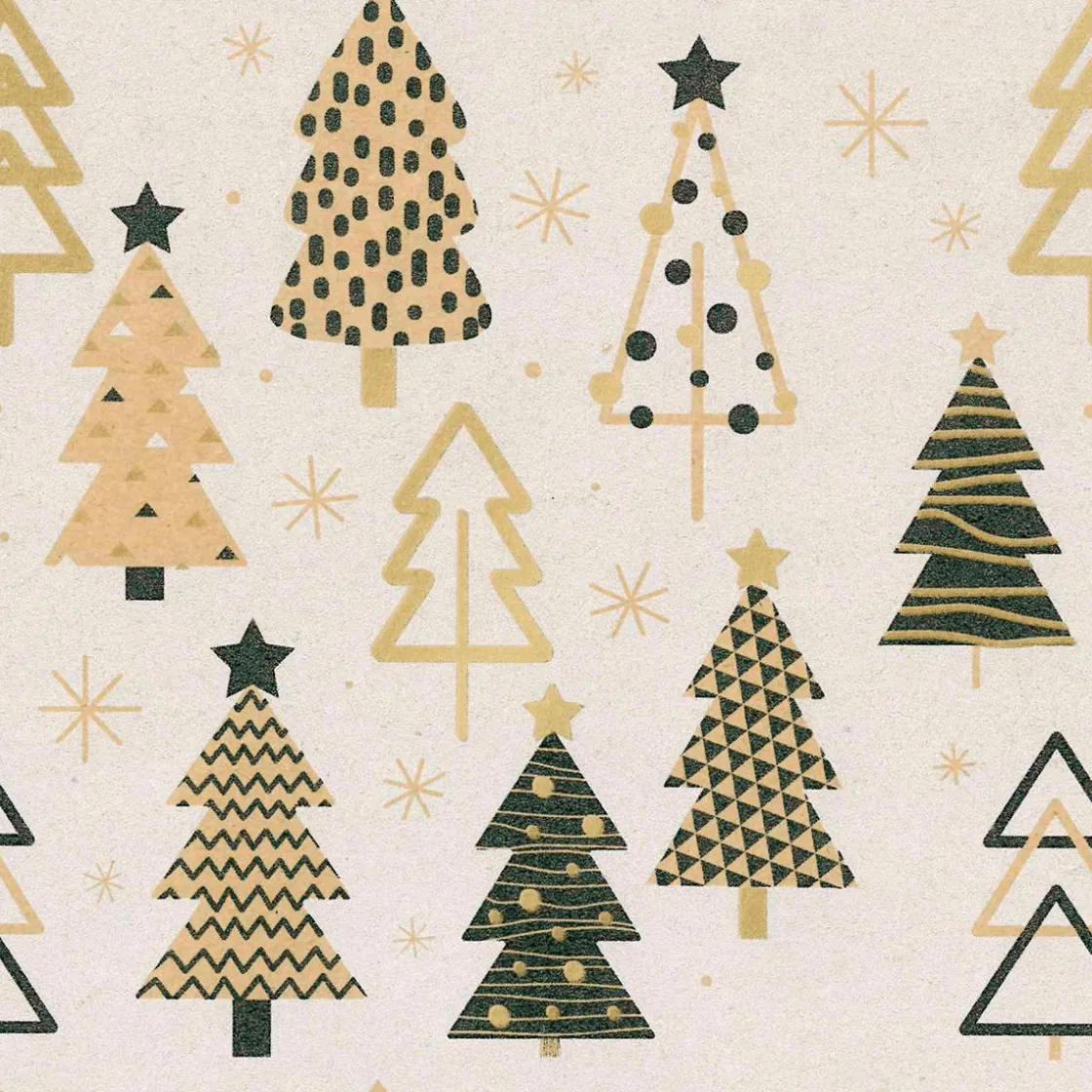 DecoWoerner Papel De Regalo|Go Green - Envoltorio Para Regalo Ecológico>Papel Kraft Reciclado Con árboles De Navidad En Beige, Negro Y Dorado - Bobina De Papel De Regalo De 50 M