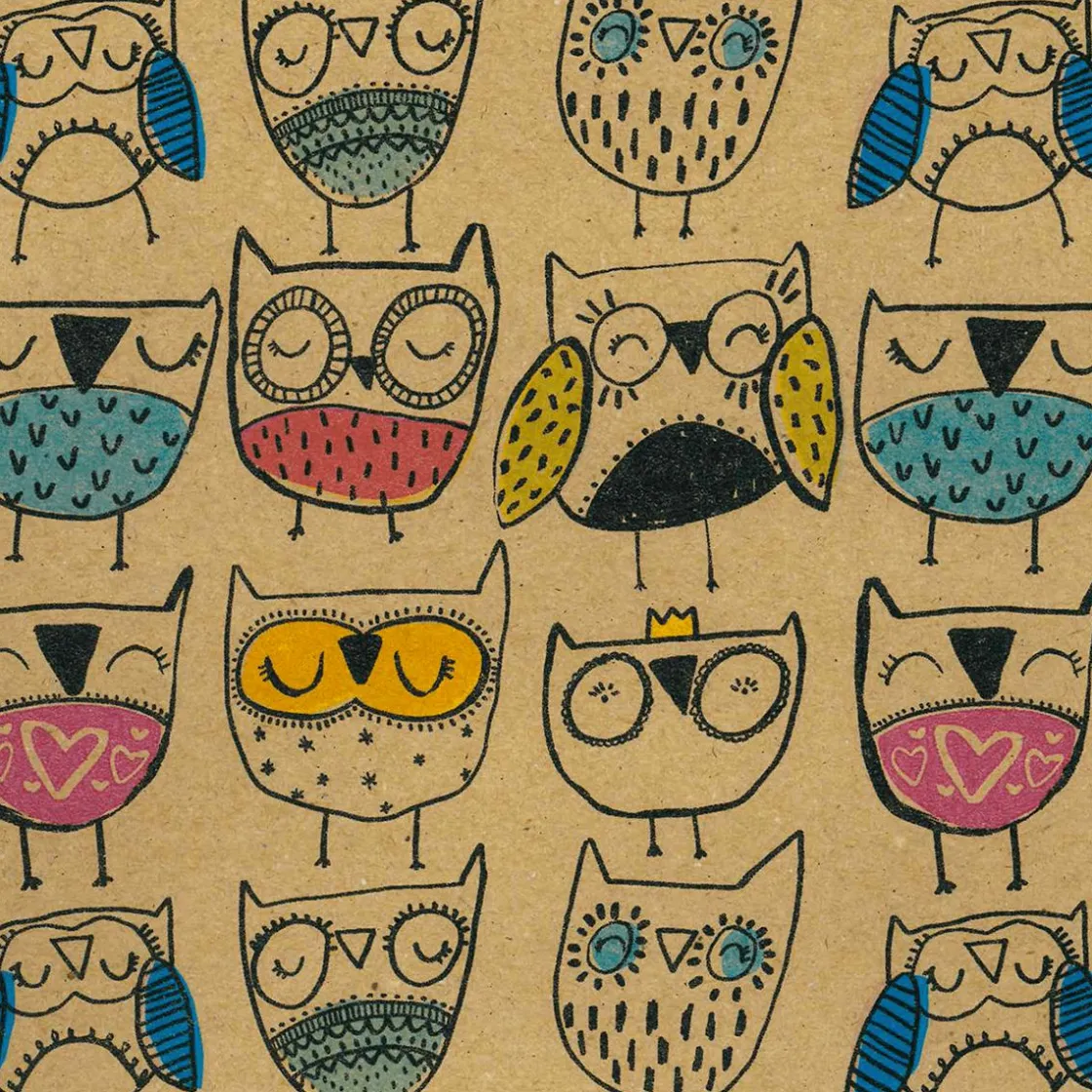 DecoWoerner Papel De Regalo|Go Green - Envoltorio Para Regalo Ecológico>Papel Kraft Reciclado Con Búhos De Colores - Rollo De Papel De Regalo De 50 M.