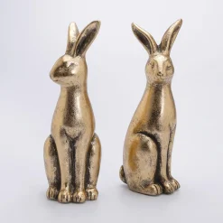 DecoWoerner Decoración De Pascua>Pareja De Conejos De Pascua De Cerámica Dorada 2 Piezas