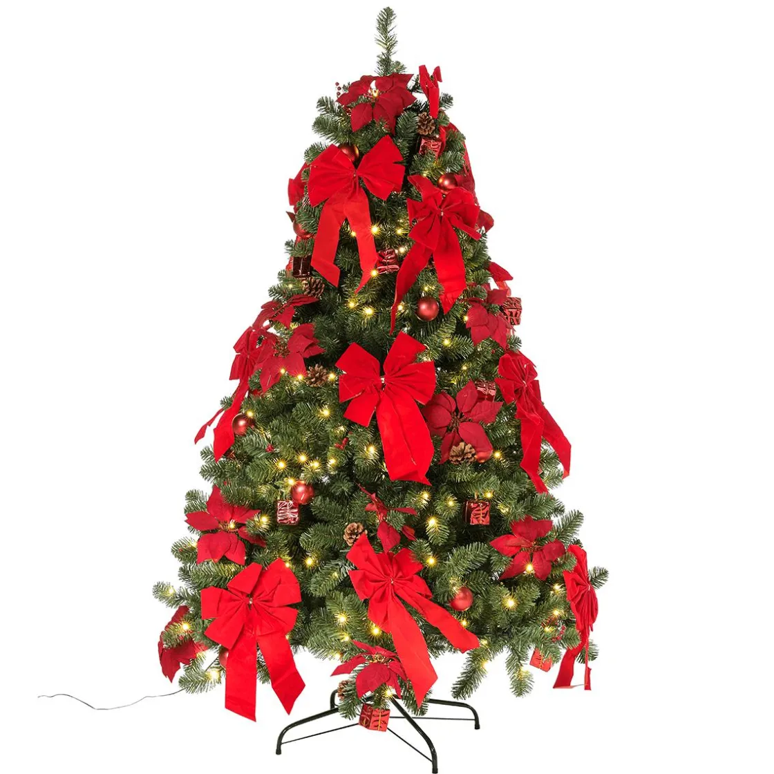 DecoWoerner Árboles De Navidad Artificiales>Árbol De Navidad Artificial Decorado Con LED, Adornos Navideños s, Lazos, Flores De Navidad Y Pequeños Regalos 180 Cm