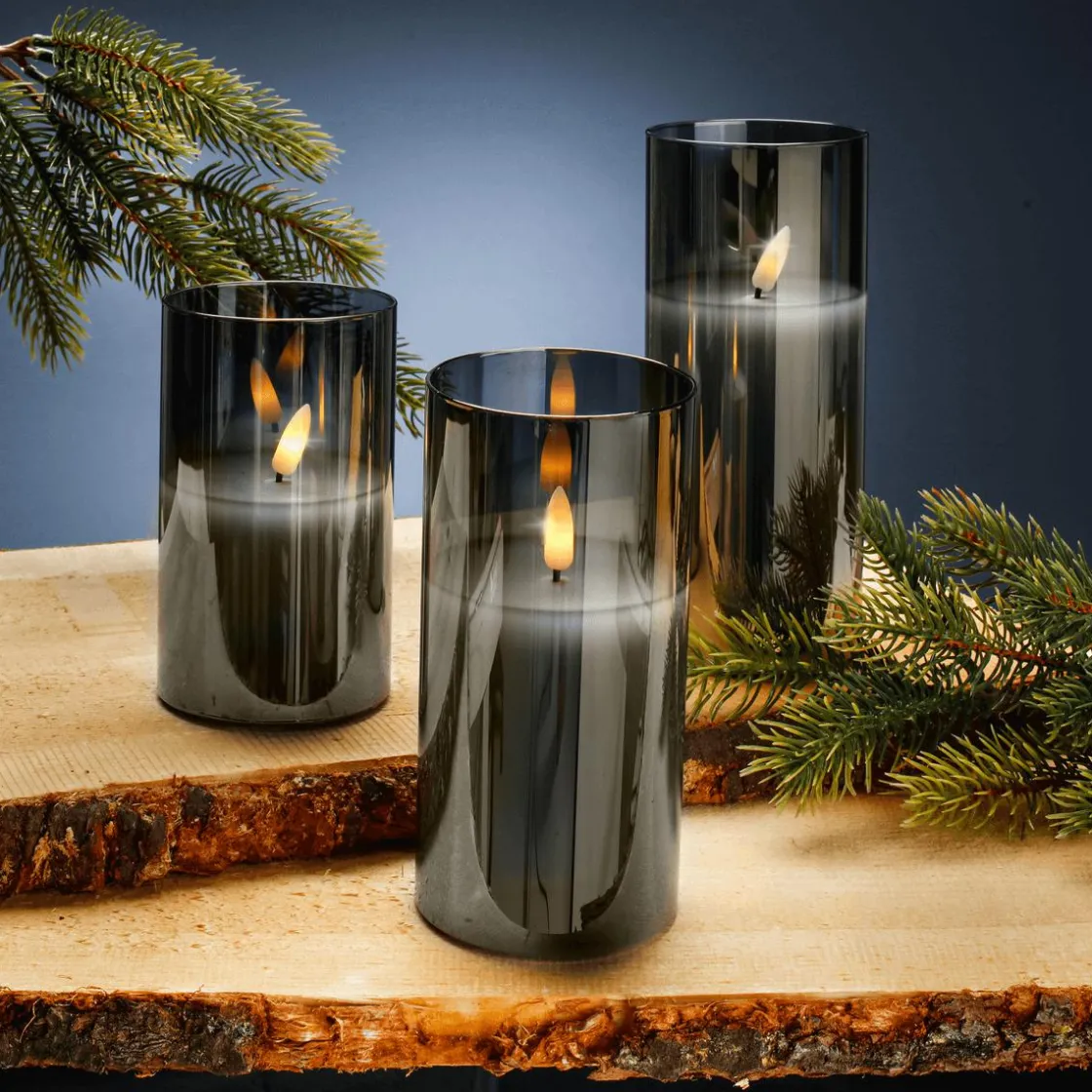 DecoWoerner Luz Decorativa>Set De Velas De Cera LED En Vidrio 3 Piezas Humo 7,5 Cm Ø 17,50 Cm
