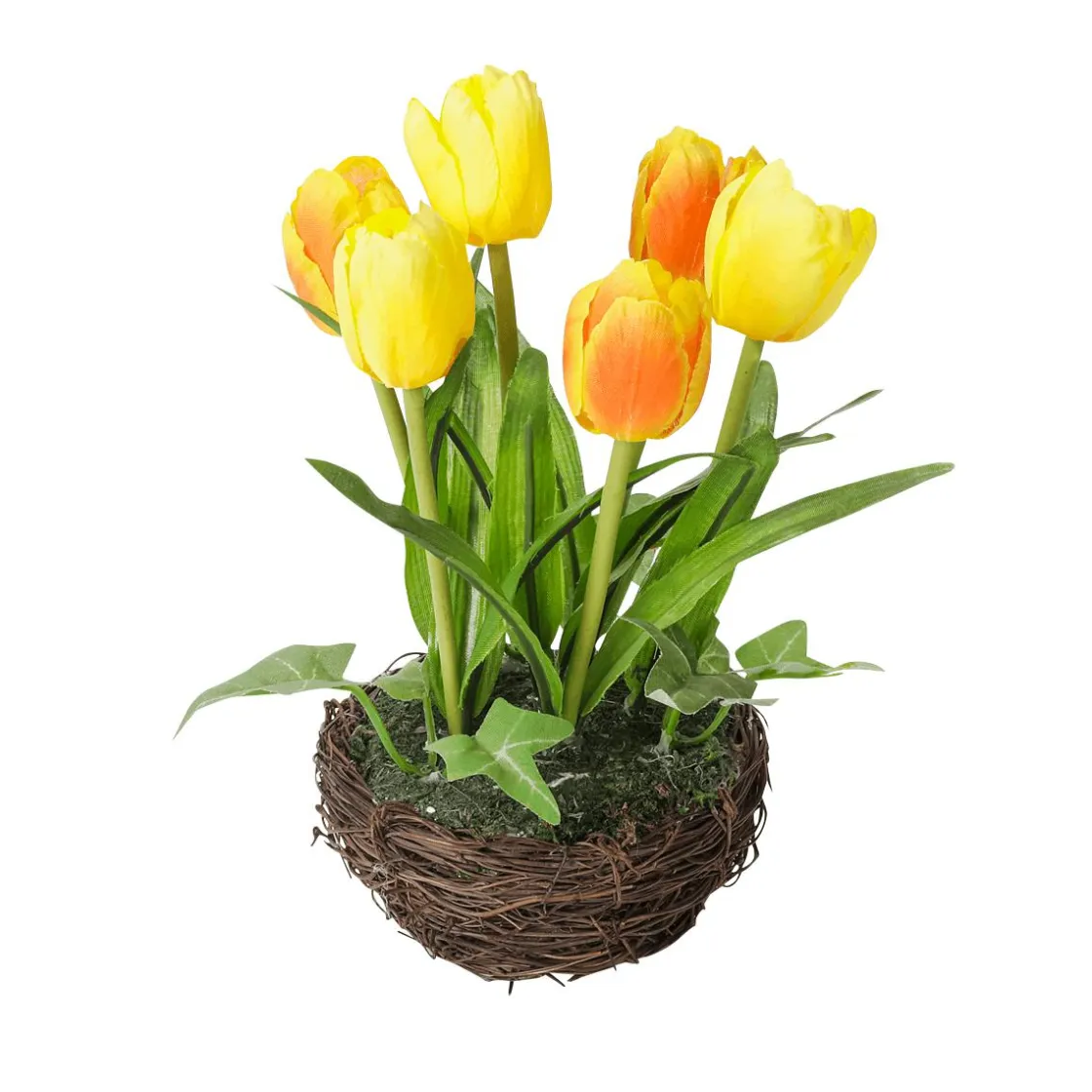 DecoWoerner Decoración De Primavera|Flores Artificiales>Tulipanes Artificiales En Cesta Amarilla, 20 Cm