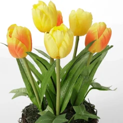 DecoWoerner Decoración De Primavera|Flores Artificiales>Tulipanes Artificiales En Cesta Amarilla, 20 Cm