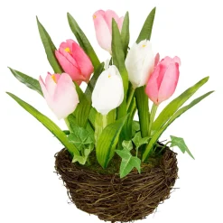 DecoWoerner Decoración De Primavera|Flores Artificiales>Tulipanes Artificiales En Cesta , 25 Cm