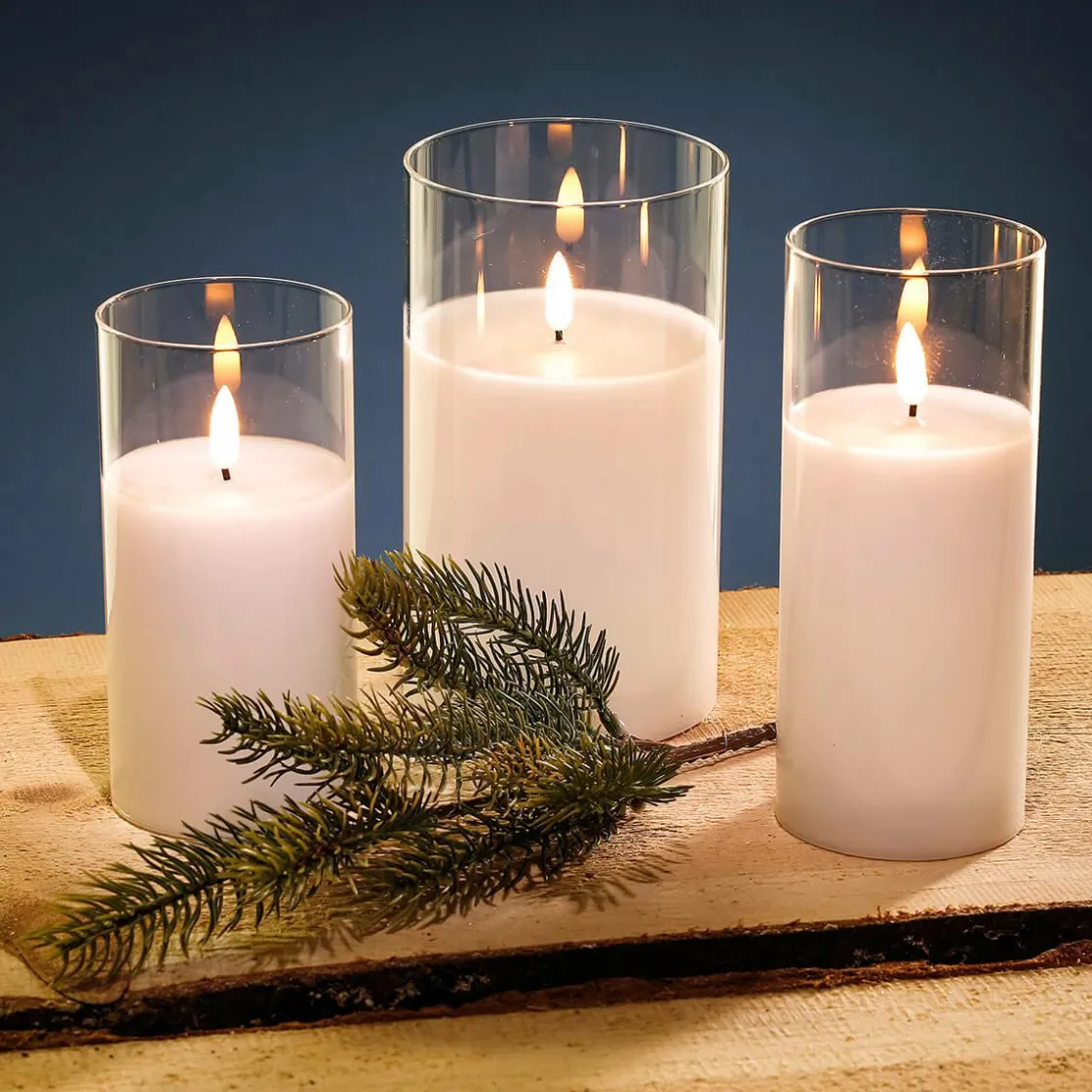 DecoWoerner Figuras De Navidad>Vela De Cera LED En Vidrio Transparente 7,5 X 12,5 Cm