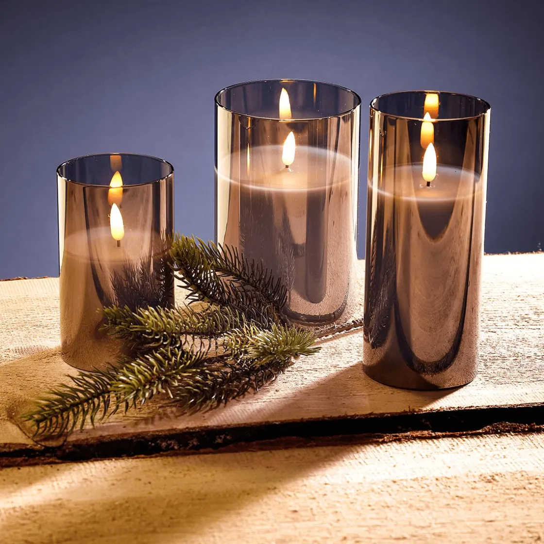 DecoWoerner Luz Decorativa>Vela De Cera LED En Vidrio Humo 10 X 15 Cm